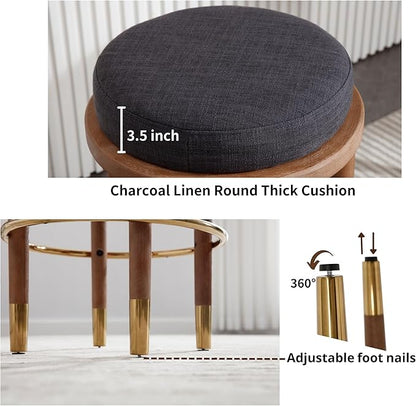 26'' Rustic Backless Bar Stools Set of 2, Counter Height Chairs With Hardwood Legs, Round Kitchen Island Stools, Farmhouse Charcoal Linen Upholstered Wood With Footrest