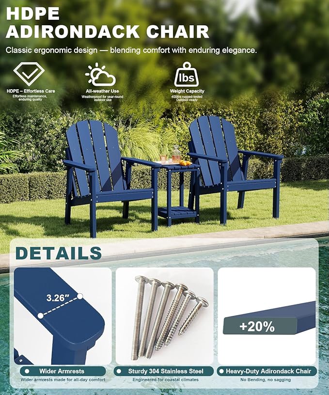 Adirondack Chair, All Weather HDPE Fire Pit Chairs, Oversized Plastic Adirondack Chair for Outdoor, Balcony, Deck, Backyard, Patio, Garden, Poolside, Lawn Navy Blue