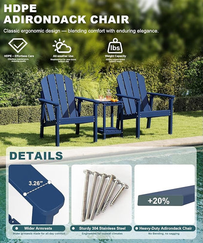 Adirondack Chair, All Weather HDPE Fire Pit Chairs, Oversized Plastic Adirondack Chair for Outdoor, Balcony, Deck, Backyard, Patio, Garden, Poolside, Lawn Navy Blue