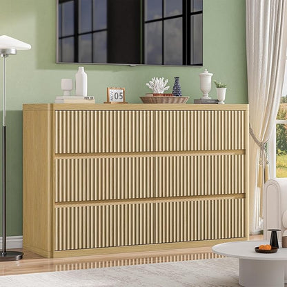 Fluted Dresser with 6 Drawers for Bedroom, 48" Wide Wooden Chest of Drawers with Natural Curved Profile Design, Modern Dresser TV Stand, Wood Closet Clothes Storage Organizer