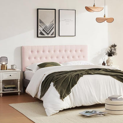 Tufted Upholstered Headboard California King Size, Solid Wood Head Board with Durable Metal Legs, Adjustable Height Bed headboard from 37” to 51” Fabric Headboard in Button Design, Pink