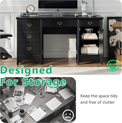 Chogori 55" Solid Wood Executive Desk, Farmhouse Office Computer Desk with 5 Drawers & Storage Cabinet, Wooden Writing Table for Home Office Study Bedroom, Black