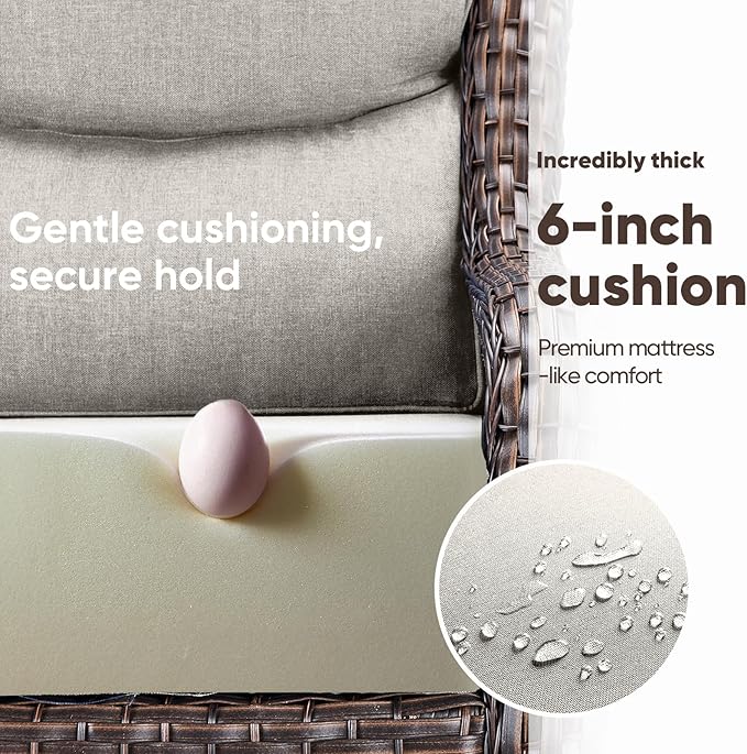 Swivel Patio Chairs sofa Set of 9 with 6" Thick Cushion - Wicker Outdoor Swivel Rocker Patio Chair ,Sofa/Glass coffee table, High Back Comfortable Outdoor Glider Chairs -Brown Wicker | Beige Cushions