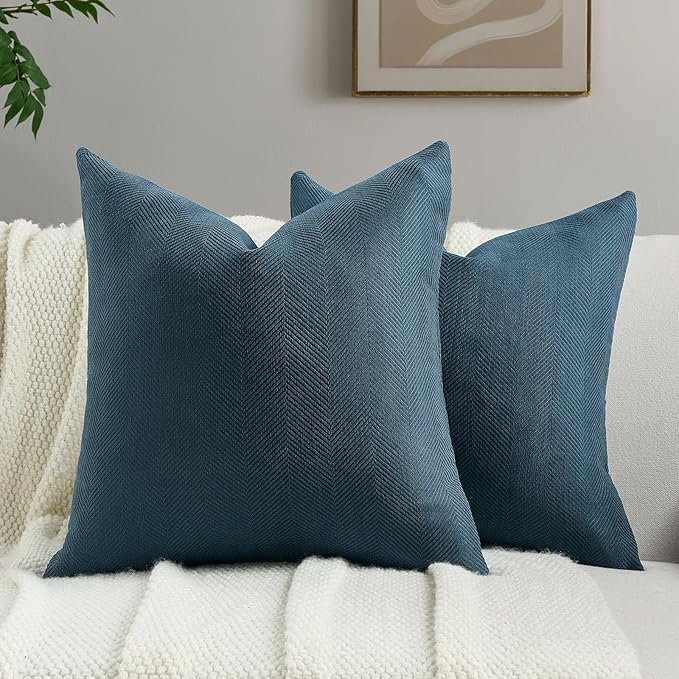 FUTEI Navy Blue Chenille Throw Pillow Covers 16x16 Inch Set of 2,Soft Wide Chevron Textured Cushion Case,Farmhouse Home Decor for Couch Bed Living Room