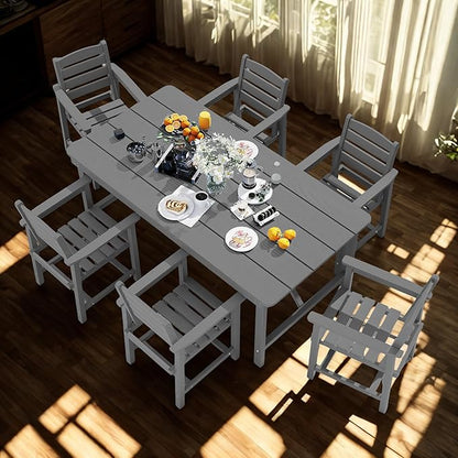 7 Piece Patio Dining Set with 11ft Patio Umbrella (Red), 7 Gray Outdoor HDPE Dining Set with 6 Chairs + 1 Large Table with 2" Umbrella Hole, for Market, Pool, Garden, Backyard, Deck