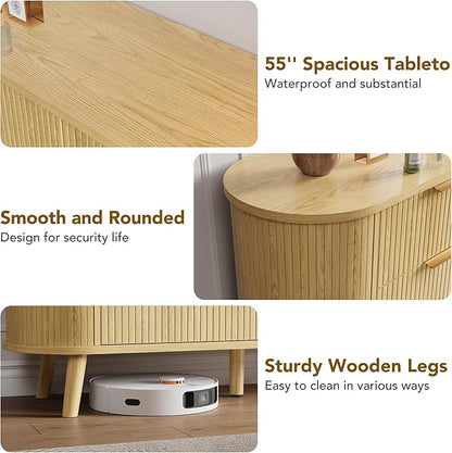 Fluted 6 Drawers Dresser, 55'' Wide Mid Century Modern Chest of Drawers with Sliding Door & Metal Handles, Curved Profile & Sturdy Legs, Wood TV Stand for Bedroom, Living Room (Natural Oak)