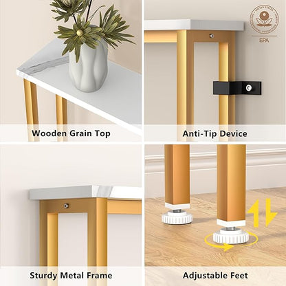 90Inch Console Table with Outlet, Sofa Table with Charger,Skinny Hallway Table, Narrow Entryway Table,Table Behind Sofa,for Living Room,Gold & White