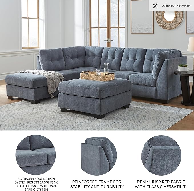 Signature Design by Ashley Marleton Contemporary Left-Arm Facing Tufted 2-Piece Sectional with Chaise and Loose Seat Cushions, Blue