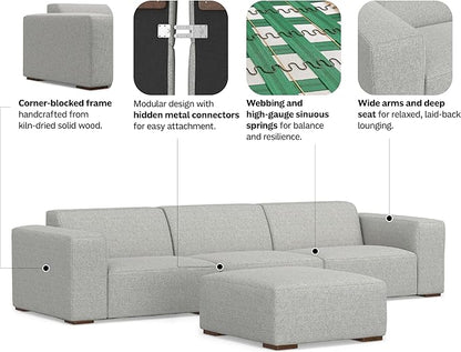 SIMPLIHOME Rex Modular Sofa and Ottoman Set in 100% Recycled Polyester Tightly Woven Performance Fabric, Pale Grey, 122-inch-wide 3-Seater Couch and Matching 34-inch-wide Ottoman for Living Room