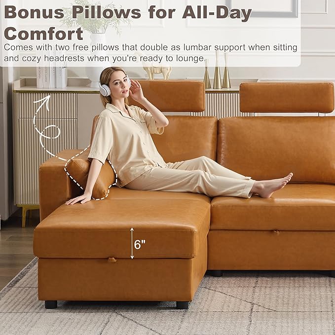 41.1" Accent Storage Sofa Chair with Ottoman, Faux Leather Living Room Chaise Lounge Chair with Headrest & Side Pockets, Modern Upholstered Comfy Arm Chairs, Sleeper Sofa, Reading Club Chairs, Brown