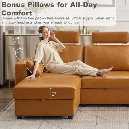 41.1" Accent Storage Sofa Chair with Ottoman, Faux Leather Living Room Chaise Lounge Chair with Headrest & Side Pockets, Modern Upholstered Comfy Arm Chairs, Sleeper Sofa, Reading Club Chairs, Brown
