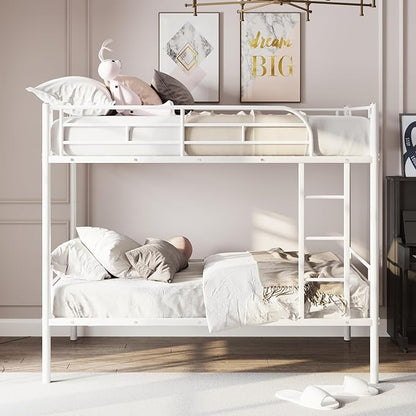 Merax Metal Bunk Bed, Bunk Bed with Ladder and high Guardrail, Able to Split, Under Bed Storage Space, Noise Free, Twin Over Twin Size, White