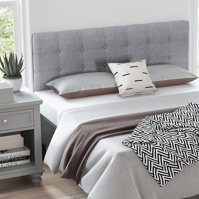 KOMFOTT Linen Upholstered Headboard for Full & Queen Size Bed Frame, Modern Tufted Button Bed Headboard with Solid Rubber Wood Legs, Rectangular Headboard with Adjustable Width, Gray