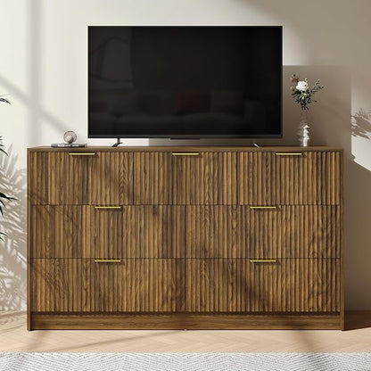 Walnut Fluted 7 Drawer Dresser Bedroom,55” Wide Mid Century Wood Dresser with Gold Handles, Chest of Drawer Wooden TV Stand for Closet,Bedroom,Living Room,Walnut