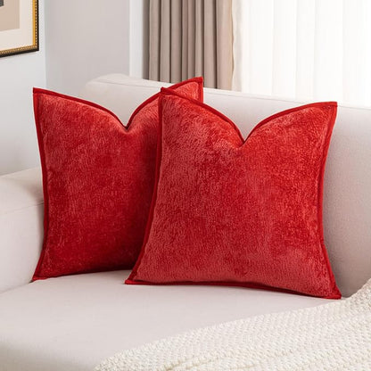 FUTEI Christmas Red Chenille Throw Pillow Covers 26x26 Inch Set of 2,Soft Cozy Bound Edge Design Euro Pillow Sham,Home Decor for Couch Bed Living Room
