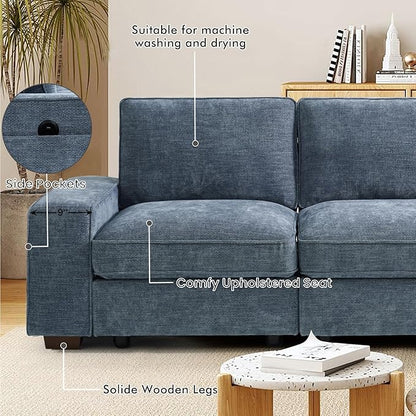 TEKAMON 73" Modular Sofa Couch with Seat Storage, Comfy 2-Seater Chenille Fabric Loveseat Sofa for Living Room, Office, Apartment W/Deep Seat, Wide Armrest,Pockets, USB Charging Removable Cover(Blue)