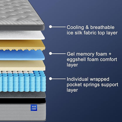 Firm King Size Mattress 12 Inch Hybrid King Mattress with Gel Memory Foam-Cooling Ice Silk Top, Support&Back Pain Relief, Individual Pocket Spring, CertiPUR-US Certified Mattress in a Box