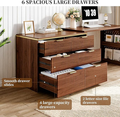 L Shaped Standing Desk,47" Home Office Desks, Executive, Farmhouse Computer Desk with 6 Drawers File Drawer, Rustic Computer Writing, Walnut