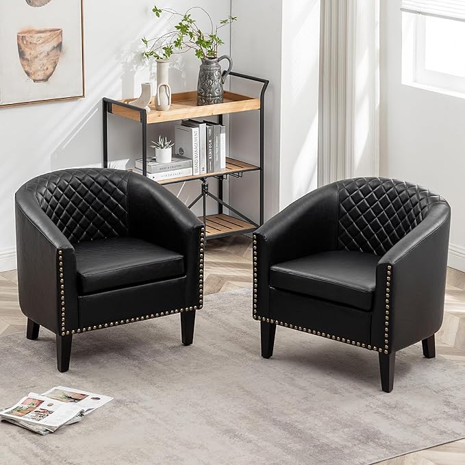 KINWELL 29" W Faux Leather Barrel Chairs Set of 2, Modern PU Upholstered Tufted Club Chairs with Nailhead Trim, Small Armchairs Accent Chairs for Living Room Bedroom Apartment Lounge Nursery, Black