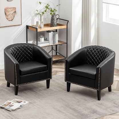 KINWELL 29" W Faux Leather Barrel Chairs Set of 2, Modern PU Upholstered Tufted Club Chairs with Nailhead Trim, Small Armchairs Accent Chairs for Living Room Bedroom Apartment Lounge Nursery, Black