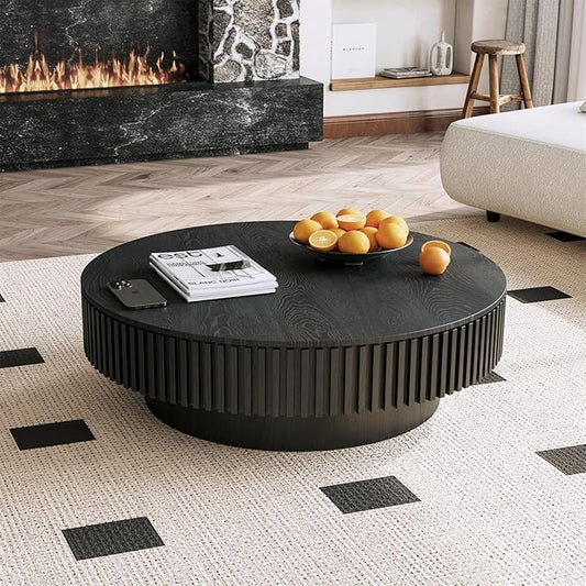 39.37'' Round Coffee Table for Living Room, Fluted Coffee Table with Hidden Storage, Solid Wood Veneered Circle Table, Modern Tea Table for Small Space Apartment (Black)