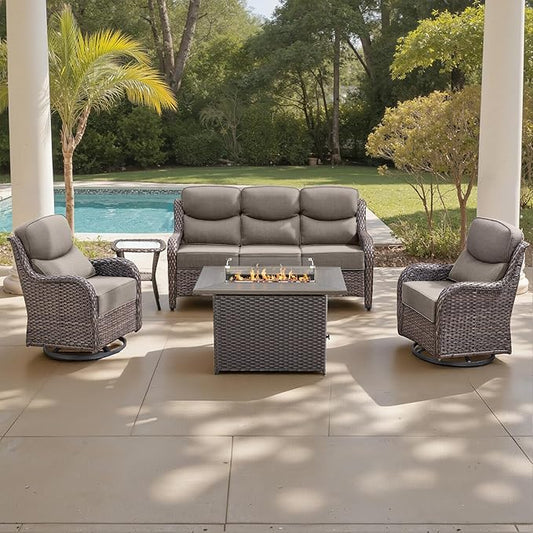 Belord Luxury 6" Thick Cushioned 5 Pieces Patio Furniture Set with Fire Pit Table, Wicker Outdoor Conversation Set with High Back Swivel Rocker Chairs for Deck Porch Yard and Poolside - Brown+Grey