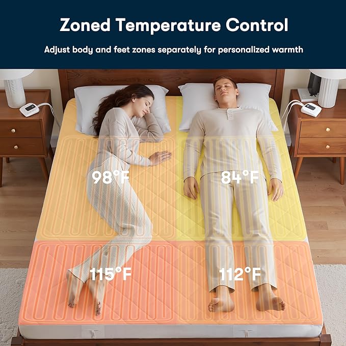Serta Multi-Zone Heated Mattress Pad – Dual Controllers for Personalized Body & Foot Warmth, 10 Heat Settings, Auto Shut-Off, Soft Microfiber, Machine Washable, 15" Deep Pocket – Queen Size