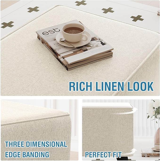 H.VERSAILTEX Sturdy Ottoman Cover Linen Look Ottoman Slipcover with Storage Side Pocket Thick Footrest Stool Covers with Elastic Band for Square Ottoman Fit Length 36"-37" Footrest - Heather Ivory