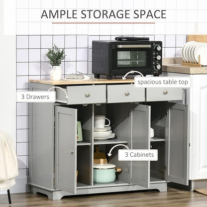 HOMCOM Sideboard with Solid Wood Countertop, Modern Kitchen Storage Cabinet, Coffee Bar Cabinet with 3 Drawers, Doors and Adjustable Shelf, Gray