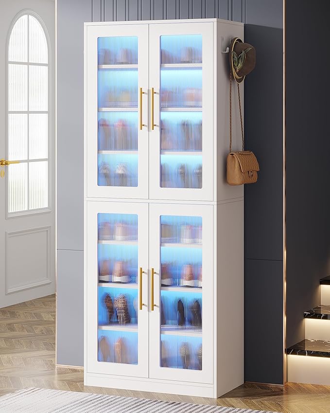 Tribesigns Tall Shoe Storage Cabinet with Acrylic Doors and LED Lights, 8-Tier Entryway Shoe Organizer Rack with Adjustable Shelves and Hanging Hooks for Narrow Closet, Hallway, Living Room, White