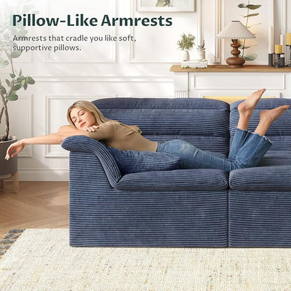 88" Sofa with Deep Seats Oversize, 3 Seater Cloud Couches, Upholstered Corduroy Couch for Living Room Bedroom, No Assembly Required, Blue