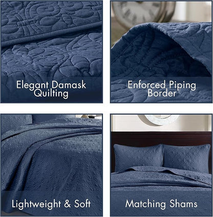 Madison Park Quebec King Size Quilt Bedding Set - Navy , Damask – 3 Piece Bedding Quilt Coverlets – Ultra Soft Microfiber Bed Quilts Quilted Coverlet