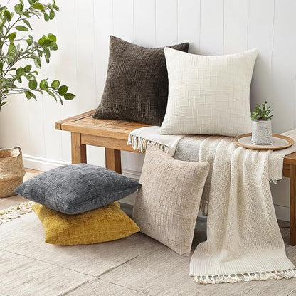 decorUhome Mustard Yellow Chenille Throw Pillow Covers 24x24 Set of 2 Thick Textured Slubby Couch Pillow Covers Farmhouse Accent Modern Neutral Decorative Pillow Cases for Bed Sofa Living Room