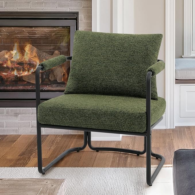 Accent Chairs Set of 2 for Living Room, Mid Century Modern Upholstered Reading Armchairs for Bedroom, Office, with Comfy Chenille Cushion & Metal Frame, Green