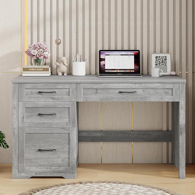 Vabches Farmhouse 47" Executive Desk with File Drawer, Wood Computer Desk with 3 Storage Drawers, Workstation for Home Office, Study, Writing(Grey)