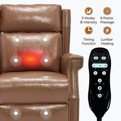 Manual Recliner Chair with Massage & Lumbar Heat, Breathable Leather Reclining Chair for Adults, Humanized Design Easy to Install Living Room Recliners Camel Brown