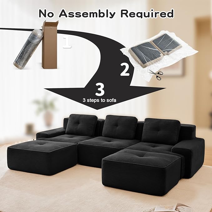 115.3” Black Boneless Couches for Living Room, Modular Sectional Sofa with U-Shape Chaise, 3 Seater Comfy Upholstered Deep Seat Corduroy Fabric Cloud Couch No Assembly, Anti-Slip Design