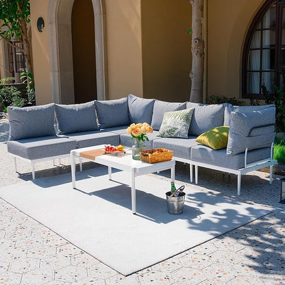 Sundale Outdoor 7 Pieces Metal Patio Furniture Set, Outdoor Sectional Sofa w/6 Inch Olefin Cushion and Coffee Table, Modern Outdoor Conversation Sets (6 Seats, White Frame)