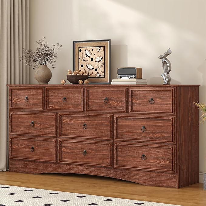 Farmhouse 10 Drawer Dresser for Bedroom – 63'' Long Dresser Wood Chest of Drawers,TV Stand for 75 inch TV, Storage Organizer Furniture, Hallway, Entryway, Closet, Cherry Wood
