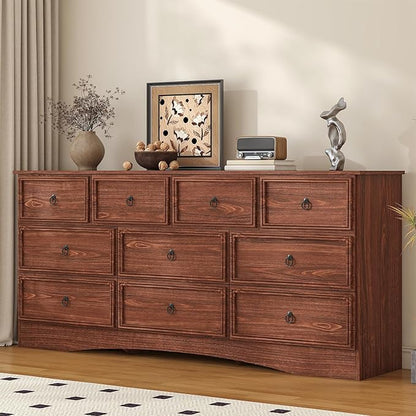 Farmhouse 10 Drawer Dresser for Bedroom – 63'' Long Dresser Wood Chest of Drawers,TV Stand for 75 inch TV, Storage Organizer Furniture, Hallway, Entryway, Closet, Cherry Wood