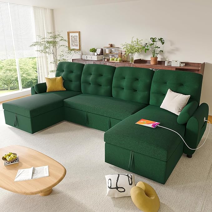 Ucloveria Sleeper Sofa Bed, 112" U Shaped Sectional Sofa Couches for Living Room, Pull Out Couch Bed with Dual Reversible Storage Chaise | Charging Station | Side Pockets | Removable Backrest