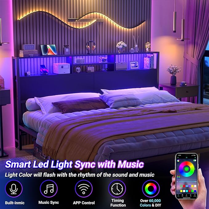 Aheaplus Headboard for King Size Bed with Storage, Headboards with Outlets, USB Ports and LED Light, King Size Head Board Only, Height Adjustable, Reversible, Sturdy and Stable Headboard, Black