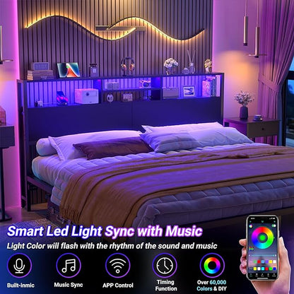 Aheaplus Headboard for King Size Bed with Storage, Headboards with Outlets, USB Ports and LED Light, King Size Head Board Only, Height Adjustable, Reversible, Sturdy and Stable Headboard, Black