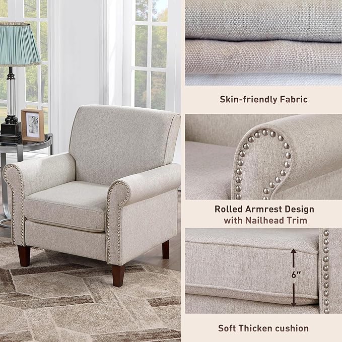 Prilinex Upholstered Living Room Chair Set of 4 - Large Comfy Fabric Accent Chair Single Sofa with Cushion, Rolled Armrest & Nailhead Trim, Mid Century Farmhouse Armchair for Bedroom, Office, Beige
