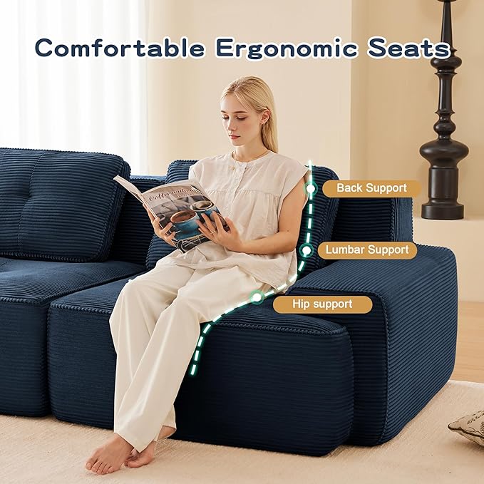 150.4” Blue Boneless Couches for Living Room, Modular Sectional Sofa with L-Shape Chaise, 4 Seater Comfy Upholstered Deep Seat Corduroy Fabric Cloud Couch No Assembly, Anti-Slip Design
