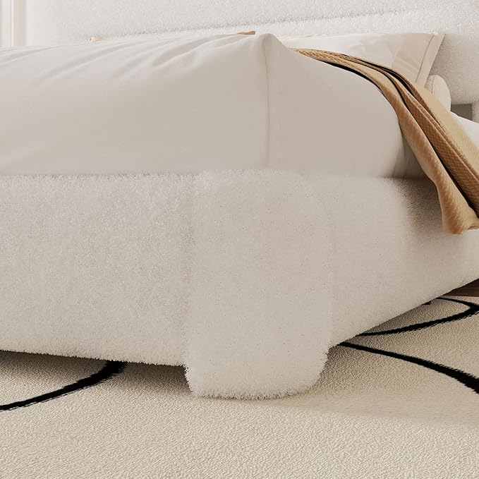 Queen Size Cloud Bed Frame, Upholstered Boucle Platform Bed with Adjustable Headboard, Anti-Collision Soft Rounded Corners, Noise Free, Easy Assembly, White
