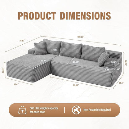 Hobestluk Modular Sectional Couch Sofa, 108" Boneless Couches for Living Room, Memory Foam Sectional Couch with Oversized Chaise,L-Shape Couches (Grey, Left Facing)