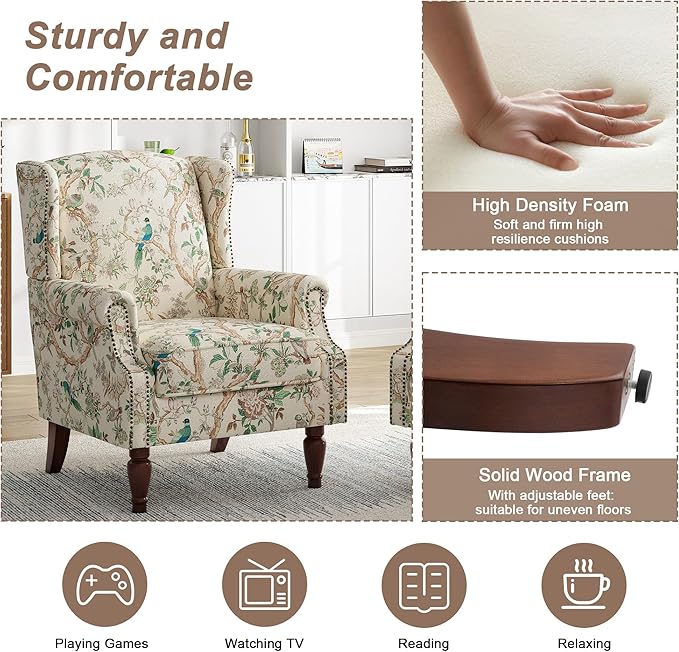 Pia Ricco Set of 2 Floral Accent Chairs, High Back Upholstered Armchairs with Retro Wingback Design, Nailhead Trim & Solid Wood Legs for Living Room Bedroom(Bird Pattern)
