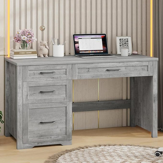Vabches Farmhouse 47" Executive Desk with File Drawer, Wood Computer Desk with 3 Storage Drawers, Workstation for Home Office, Study, Writing(Grey)