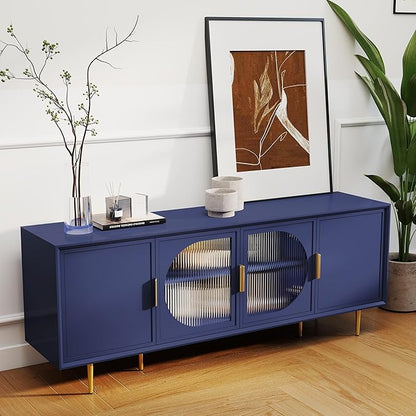 66" Modern TV Stand for TVs up to 75",TV Cabinet with Glass Door,Entertainment Center with Storage,Television Stands with Gold Legs,Media Console for Bedroom,Living Room,Blue